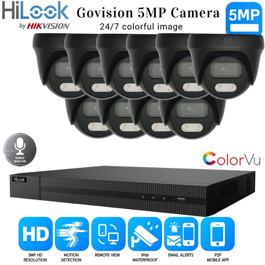 HIKVISION 5MP COLORVU AUDIO MIC CCTV SECURITY OUTDOOR INDOOR CAMERA SYSTEM KIT 16CH DVR 10x Cameras (gray) 1TB HDD