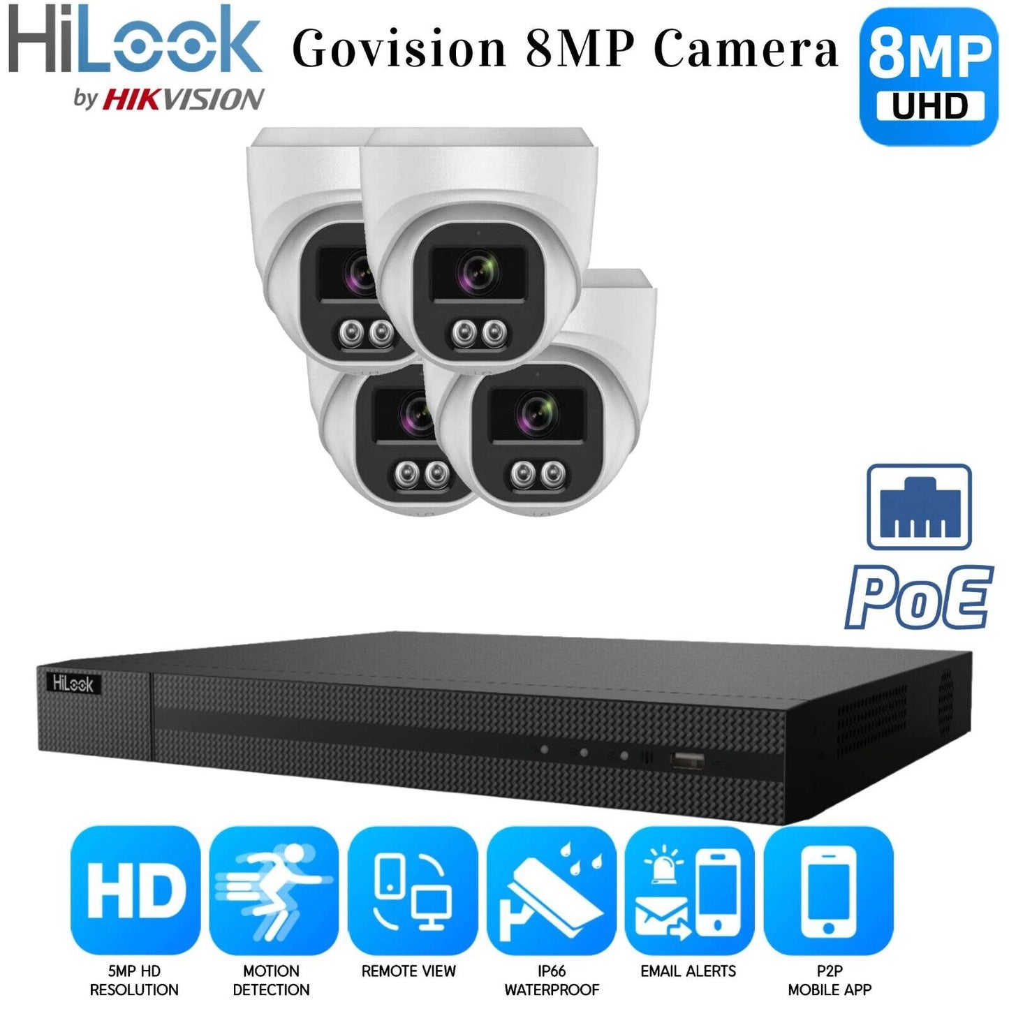 8MP HIKVISION COLORVU AUDIO CCTV SYSTEM IP POE NVR 4K CAMERA MIC NIGHTVISION KIT 4CH NVR 4xCameras (white) 4TB HDD