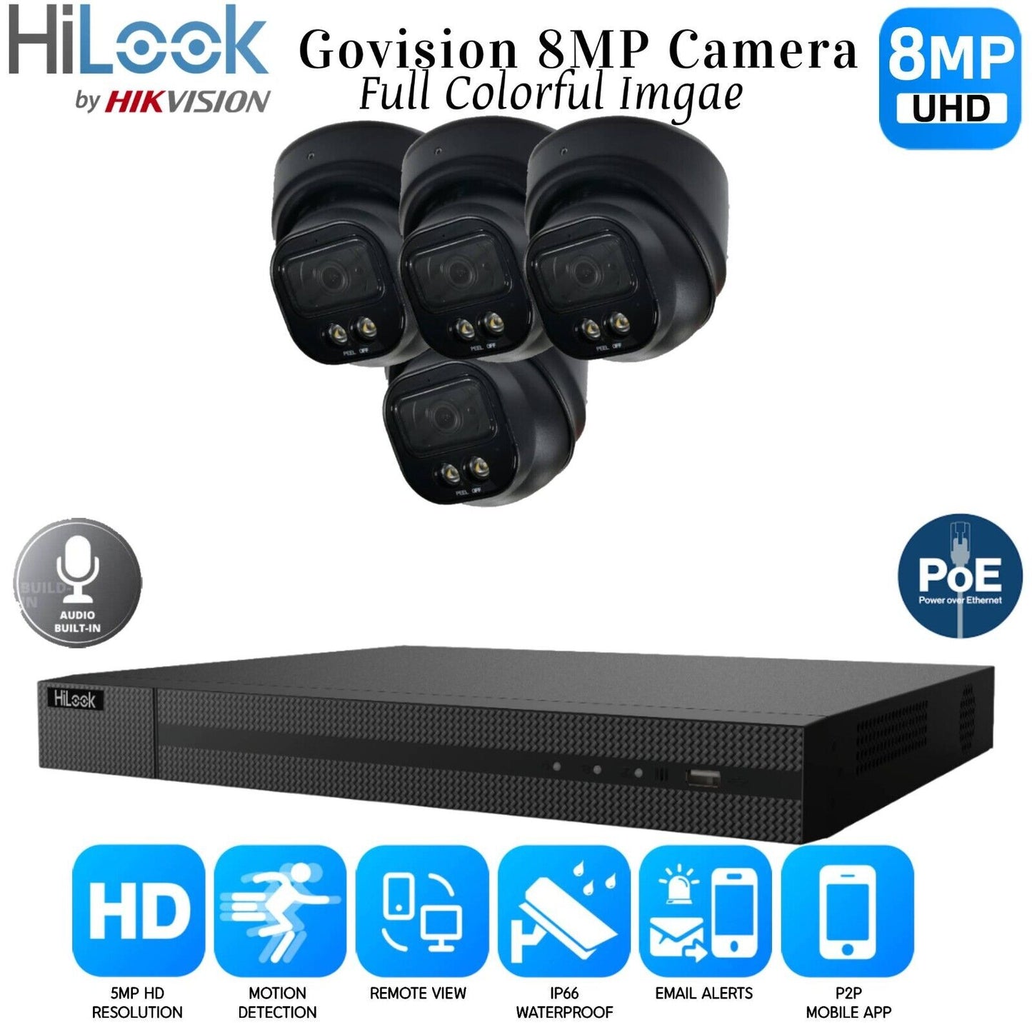 8MP HIKVISION COLORVU AUDIO CCTV SYSTEM IP POE NVR 4K CAMERA MIC NIGHTVISION KIT 4CH NVR 4xCameras (black) 4TB HDD