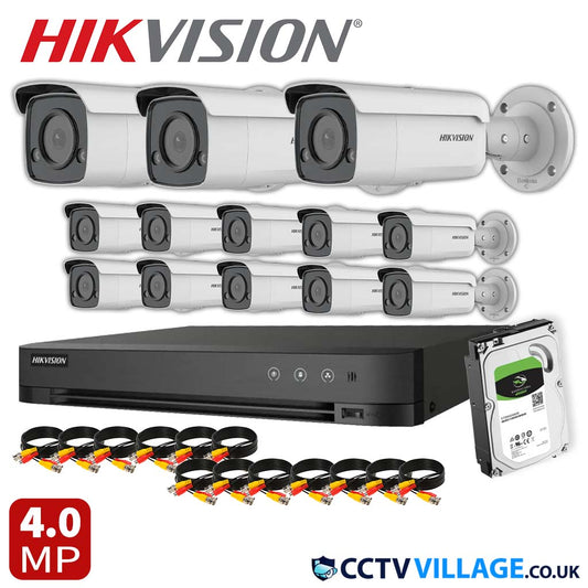 Hikvision 13x Camera Kit 16 Channel 1080p 1U H.265 AcuSense DVR with 1TB HDD 4MP ColorVu Strobe Light and Audible Warning Fixed Bullet Network Camera (DS-2CD2T47G2-LSU/SL)