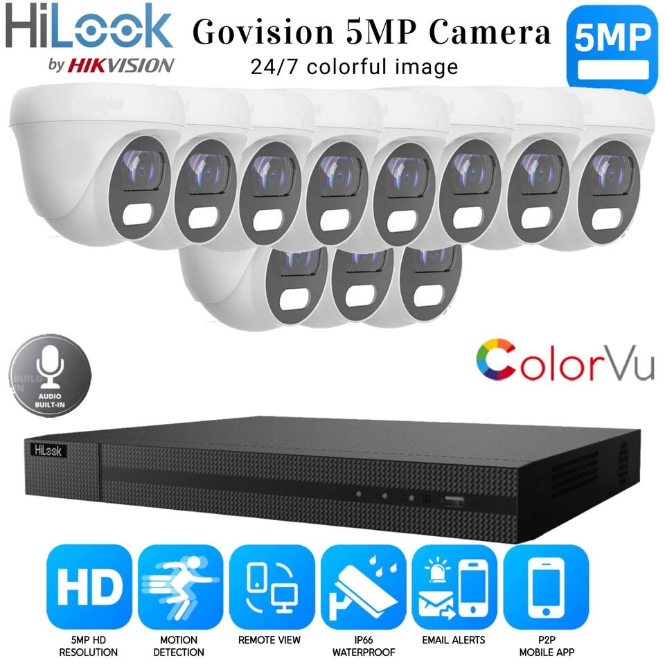 HIKVISION 5MP COLORVU AUDIO MIC CCTV SECURITY OUTDOOR INDOOR CAMERA SYSTEM KIT 16CH DVR 11x Cameras (white) 1TB HDD