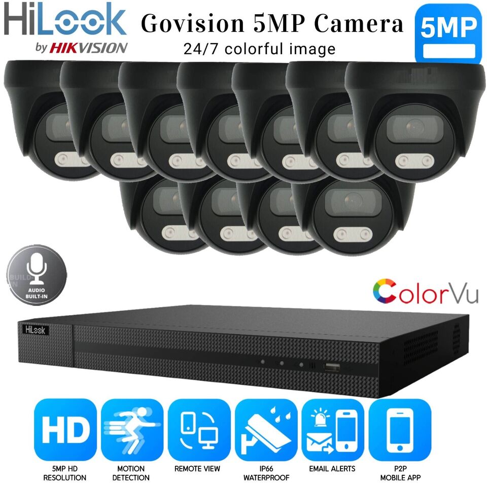 HIKVISION 5MP COLORVU AUDIO MIC CCTV SECURITY OUTDOOR INDOOR CAMERA SYSTEM KIT 16CH DVR 11x Cameras (gray) 1TB HDD