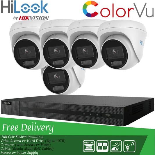 Hilook COLORVU POE IP CCTV SYSTEM UHD 8MP NVR 4K 5MP 24/7 COLORVU CAMERA KIT 8CH NVR 5x Cameras (white) 1TB HDD