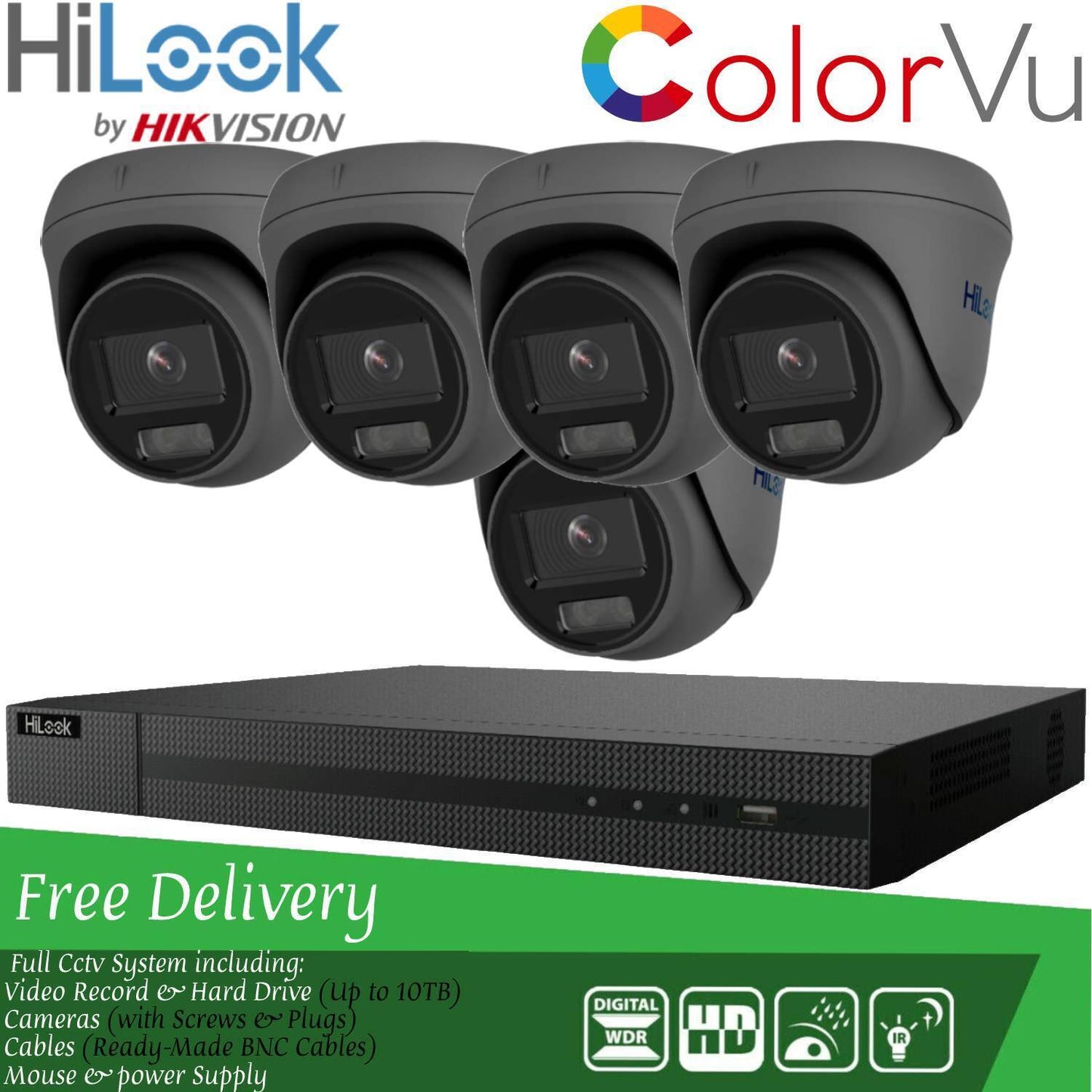 Hilook COLORVU POE CCTV SYSTEM IP UHD 8MP NVR 4K 5MP 24/7 COLORVU CAMERA KIT 8CH NVR 5x Cameras (grey) 1TB HDD