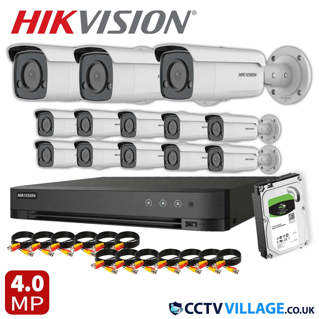 Hikvision 13x Camera System 16 Channel 1080p 1U H.265 AcuSense DVR with 4TB HDD 4MP ColorVu Strobe Light and Audible Warning Fixed Bullet Network Camera (DS-2CD2T47G2-LSU/SL)