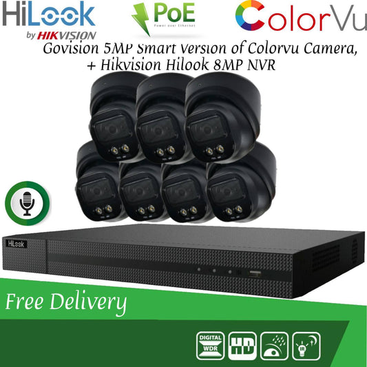 HIKVISION 8MP POE CCTV SYSTEM IP UHD NVR 5MP 24/7 COLORVU AUDIO MIC CAMERA KIT 8CH DVR 7x Cameras (Black) 1TB HDD