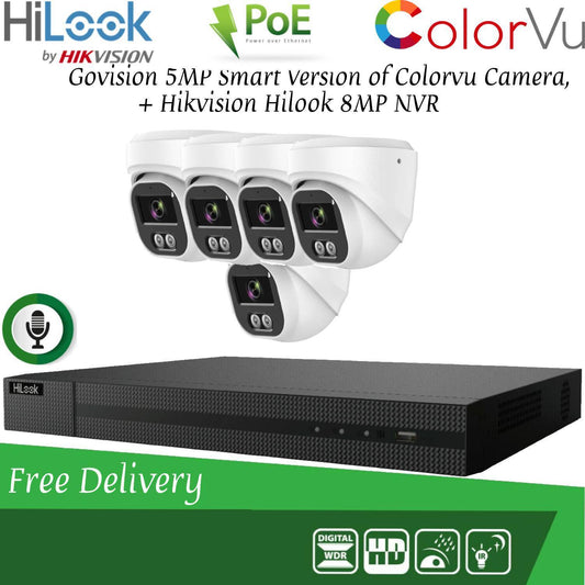 HIKVISION 8MP POE CCTV SYSTEM IP UHD NVR 5MP 24/7 COLORVU AUDIO MIC CAMERA KIT 8CH 5x Cameras(white) 1TB HDD