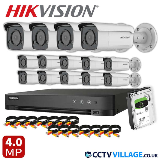 Hikvision 14x Camera Kit 16 Channel 1080p 1U H.265 AcuSense DVR with 1TB HDD 4MP ColorVu Strobe Light and Audible Warning Fixed Bullet Network Camera (DS-2CD2T47G2-LSU/SL)