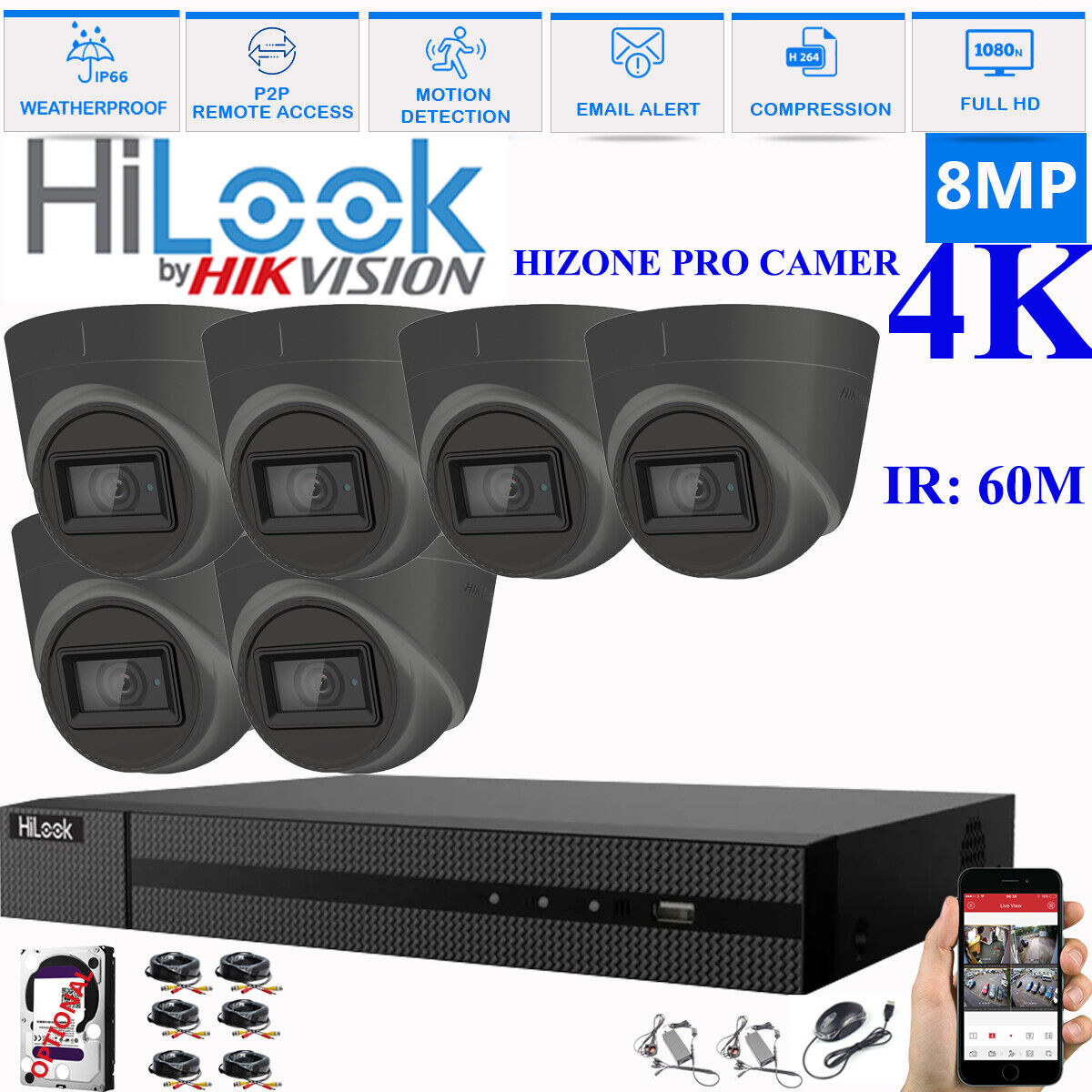 HIKVISION 8MP 4K CCTV HD DVR SYSTEM IN/OUTDOOR IR 60M CAMERA SECURITY KIT 8CH DVR 6xCameras (gray) 1TB HDD