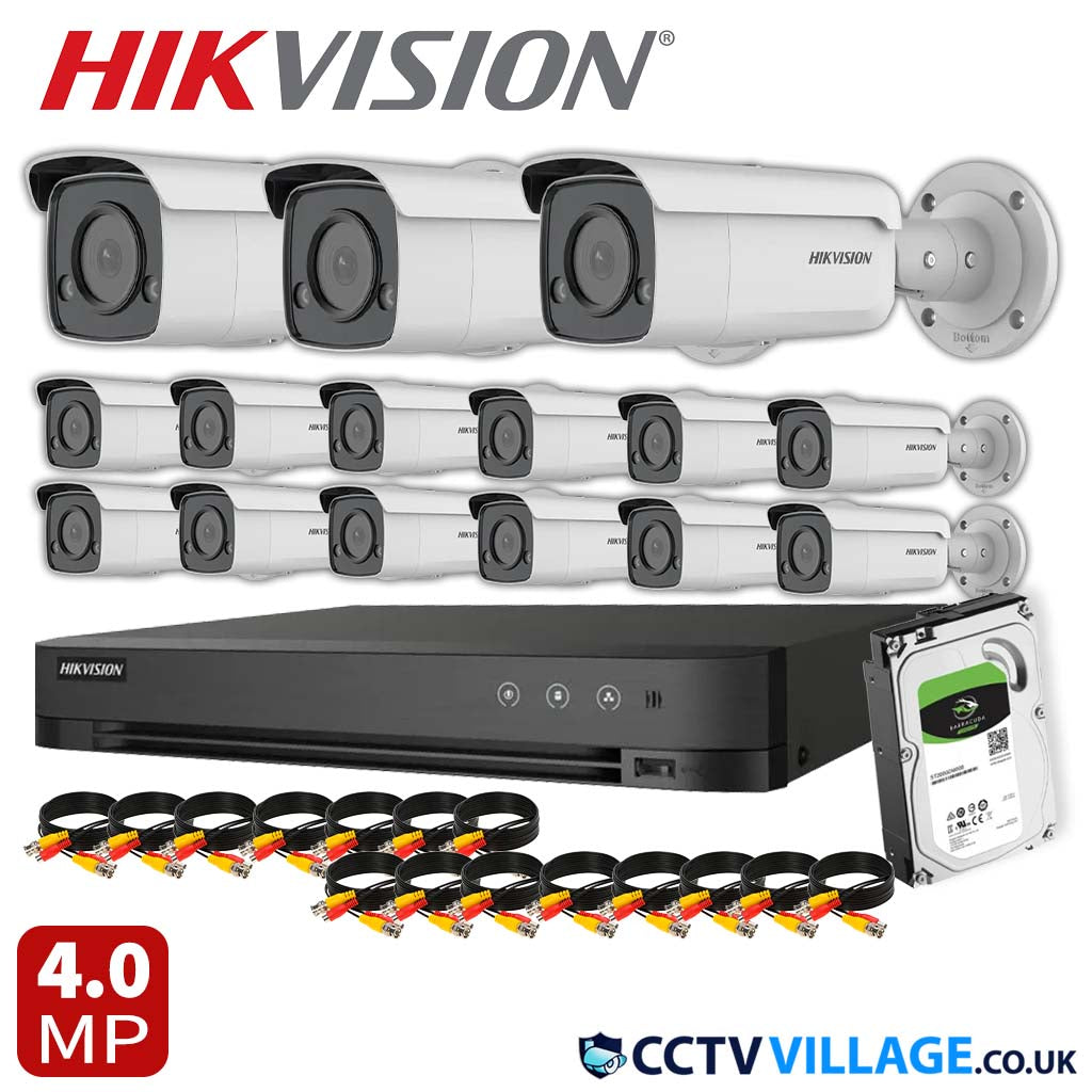 Hikvision 15x Camera System 16 Channel 1080p 1U H.265 AcuSense DVR with 1TB HDD 4MP ColorVu Strobe Light and Audible Warning Fixed Bullet Network Camera (DS-2CD2T47G2-LSU/SL)