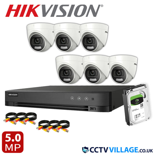 Hikvision 6x Camera System 8 Channel 1080p 1U H.265 AcuSense DVR with 10TB HDD 5MP ColorVu Fixed Turret Camera DS-2CE72HFT-F(3.6mm)