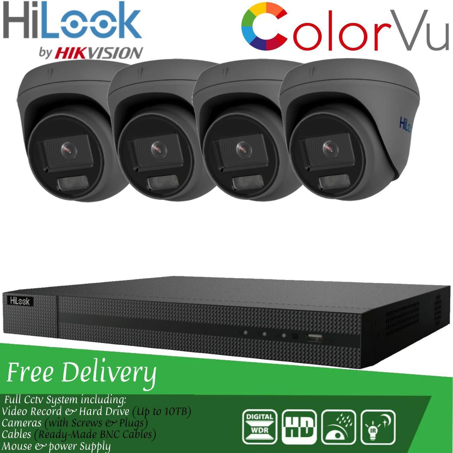 HIKVISION COLORVU POE CCTV SYSTEM IP UHD 8MP NVR 4K 5MP 24/7 COLORVU CAMERA KIT 4CH NVR 4x Cameras (grey) 6TB HDD