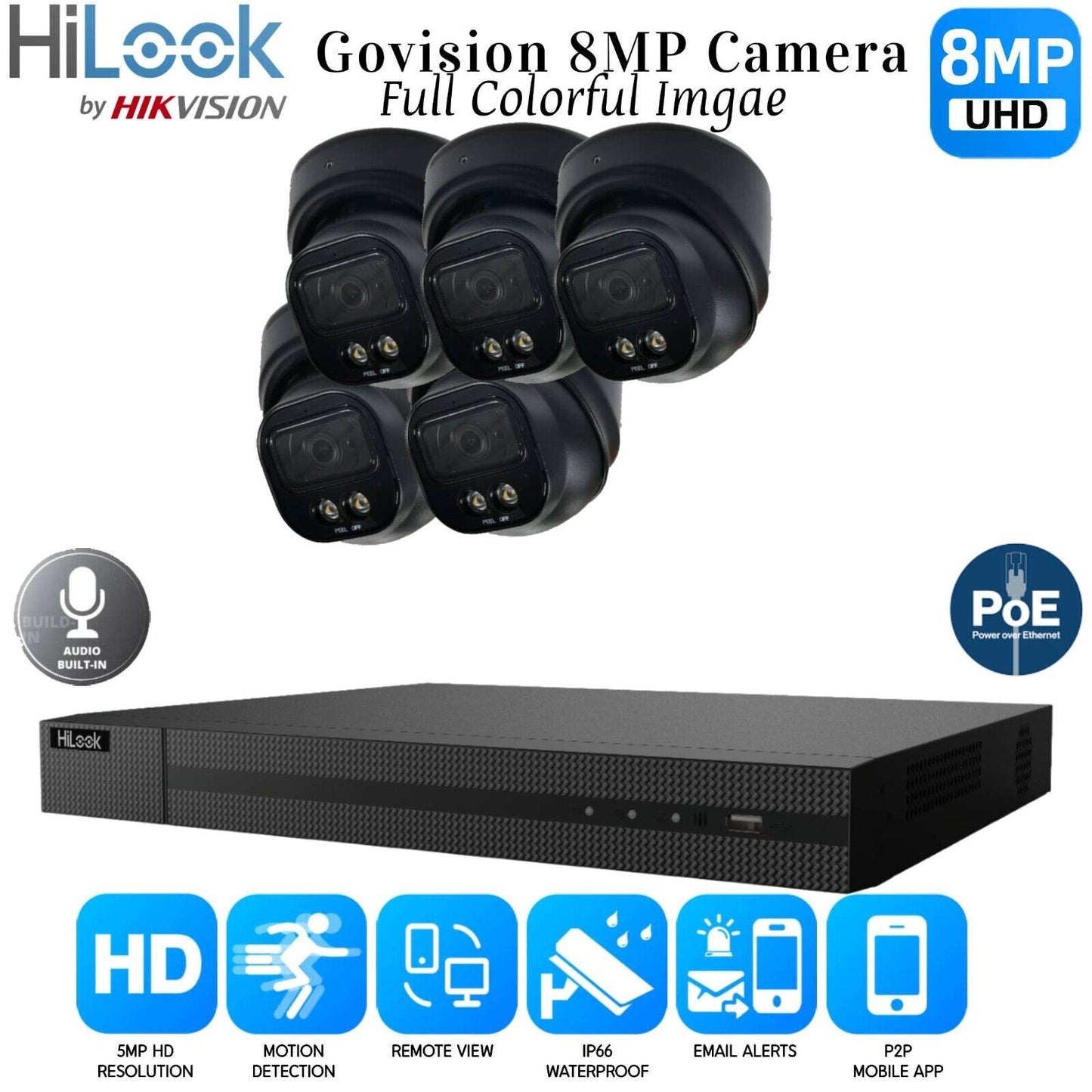 HiLook 4K ColorVu Audio IP CCTV System POE NVR 8MP Camera MIC Night vision Kit 8CH NVR 5xCameras 1TB HDD