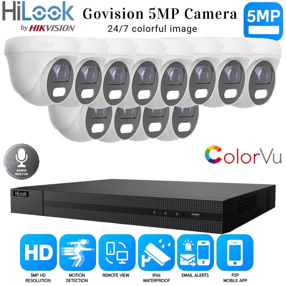 HIKVISION 5MP COLORVU AUDIO MIC CCTV SECURITY OUTDOOR INDOOR CAMERA SYSTEM KIT 16CH DVR 12x Cameras (white) 1TB HDD