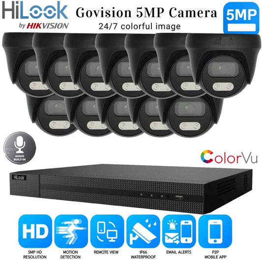 HIKVISION 5MP COLORVU AUDIO MIC CCTV SECURITY OUTDOOR INDOOR CAMERA SYSTEM KIT 16CH DVR 12x Cameras (gray) 1TB HDD