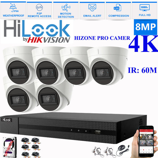 HIKVISION 8MP 4K CCTV HD DVR SYSTEM IN/OUTDOOR IR 60M CAMERA SECURITY KIT 8CH DVR 6xCameras (white) 2TB HDD