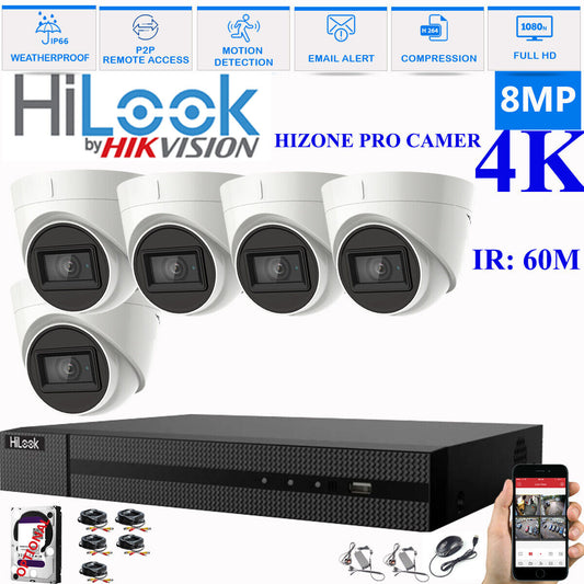 HIKVISION 8MP 4K CCTV HD DVR SYSTEM IN/OUTDOOR IR 60M CAMERA SECURITY KIT 8CH DVR 5xCameras (white) 3TB HDD