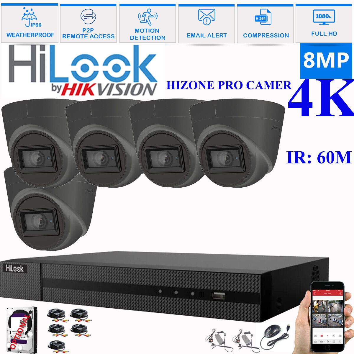 HIKVISION 8MP 4K CCTV HD DVR SYSTEM IN/OUTDOOR IR 60M CAMERA SECURITY KIT 8CH DVR 5xCameras (gray) 3TB HDD