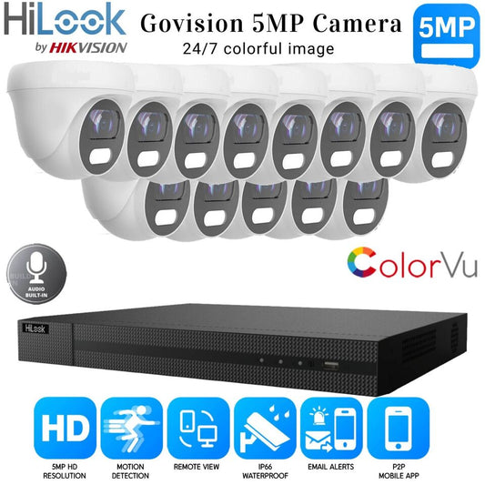 HIKVISION 5MP COLORVU AUDIO MIC CCTV SECURITY OUTDOOR INDOOR CAMERA SYSTEM KIT 16CH DVR 13x Cameras (white) 1TB HDD