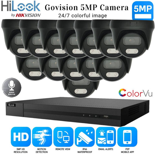 HIKVISION 5MP COLORVU AUDIO MIC CCTV SECURITY OUTDOOR INDOOR CAMERA SYSTEM KIT 16CH DVR 13x Cameras (gray) 1TB HDD