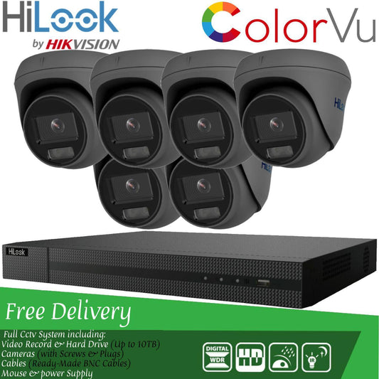 HiLook COLORVU POE CCTV SYSTEM IP UHD 8MP NVR 4K 5MP 24/7 COLORVU CAMERA KIT 8CH NVR 6x Cameras (grey) 1TB HDD