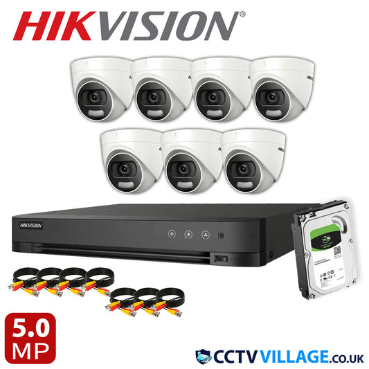 Hikvision 7x Camera Kit 8 Channel 1080p 1U H.265 AcuSense DVR with 10TB HDD 5MP ColorVu Fixed Turret Camera DS-2CE72HFT-F(3.6mm)