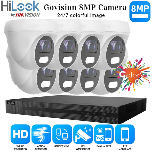HIKVISION 8MP COLORVU CCTV SYSTEM UHD 8MP DVR 4K 24/7 COLORVu OUTDOOR CAMERA KIT 8CH DVR 8xCameras (white) 6TB HDD