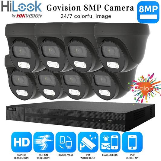 HIKVISION 8MP COLORVU CCTV SYSTEM UHD 8MP DVR 4K 24/7 COLORVu OUTDOOR CAMERA KIT 8CH DVR 8xCameras (gray) 6TB HDD