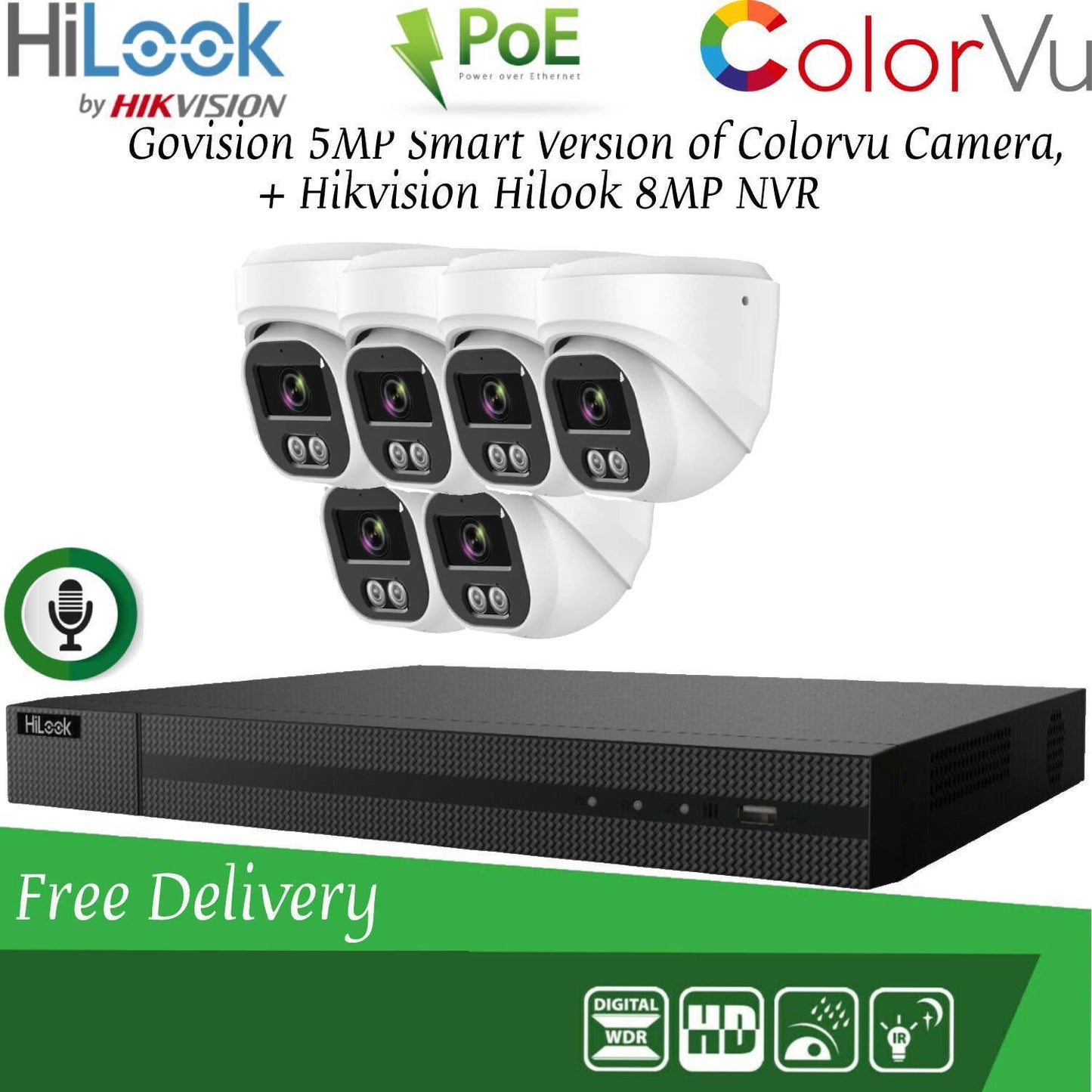 HIKVISION 8MP POE CCTV SYSTEM IP UHD NVR 5MP 24/7 COLORVU AUDIO MIC CAMERA KIT 8CH DVR 6x Cameras(white) 1TB HDD