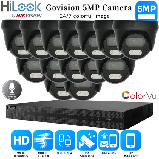 HIKVISION 5MP COLORVU AUDIO MIC CCTV SECURITY OUTDOOR INDOOR CAMERA SYSTEM KIT 16CH DVR 14x Cameras (gray) 1TB HDD