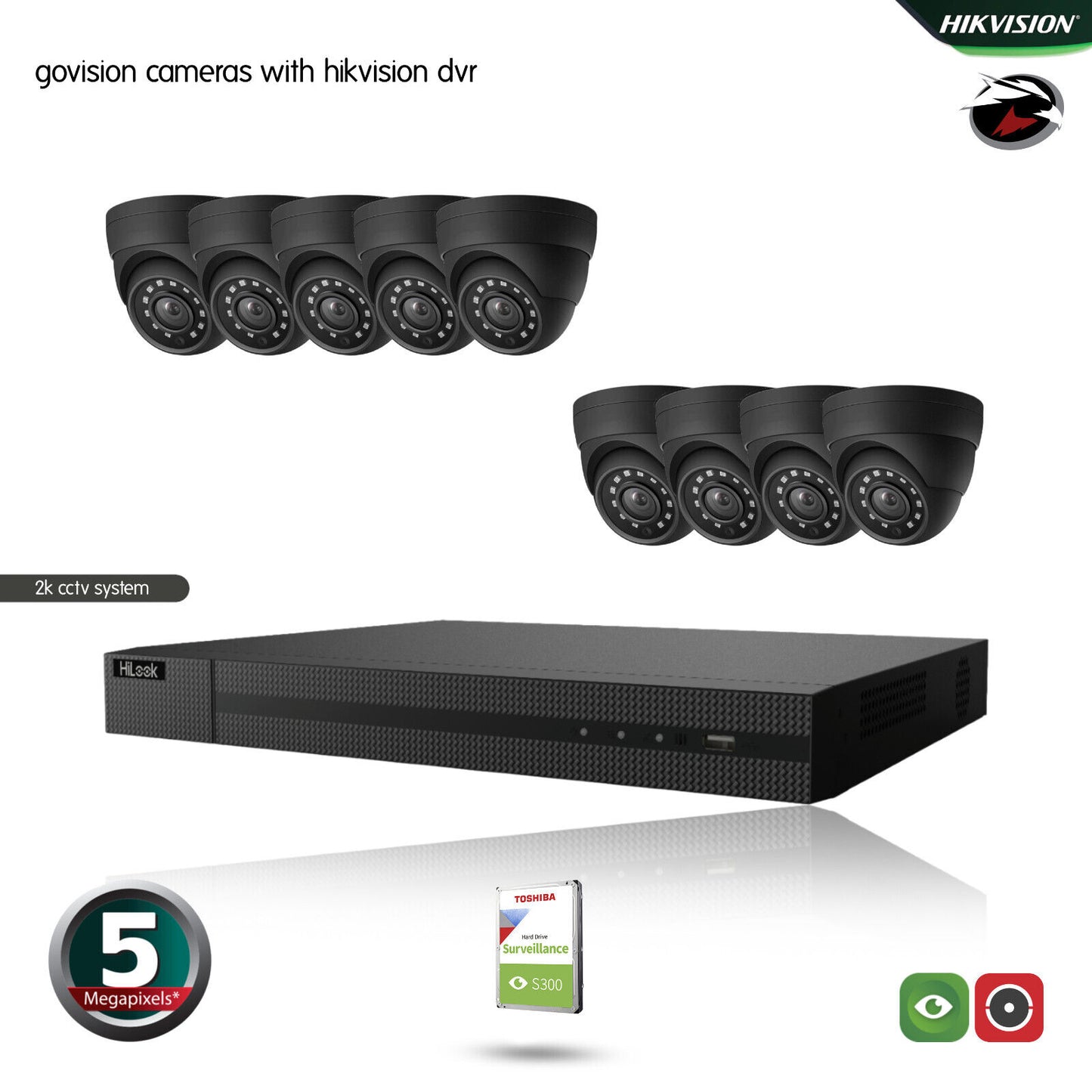 HIKVISION HILOOK CCTV SYSTEM 5MP DVR OUTDOOR NIGHTVISION SECURITY HD CAMERA KIT 16CH DVR 9xCameras 1TB HDD