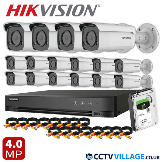 Hikvision 16x Camera Kit 16 Channel 1080p 1U H.265 AcuSense DVR with 8TB HDD 4MP ColorVu Strobe Light and Audible Warning Fixed Bullet Network Camera (DS-2CD2T47G2-LSU/SL)
