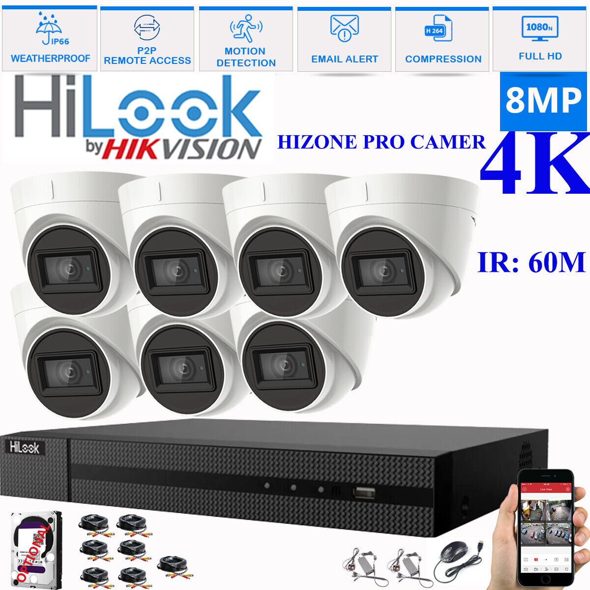 HIKVISION 8MP 4K CCTV HD DVR SYSTEM IN/OUTDOOR IR 60M CAMERA SECURITY KIT 8CH DVR 7xCameras (white) 2TB HDD