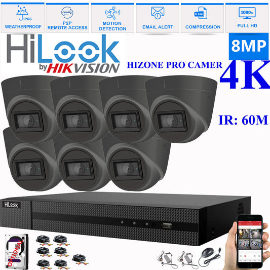 HIKVISION 8MP 4K CCTV HD DVR SYSTEM IN/OUTDOOR IR 60M CAMERA SECURITY KIT 8CH DVR 7xCameras (gray) 2TB HDD