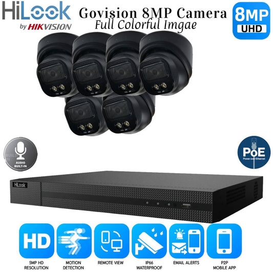 4K HIKVISION COLORVU AUDIO CCTV SYSTEM IP POE NVR 8MP CAMERA MIC NIGHTVISION KIT 8CH NVR 6xCameras (black) 1TB HDD