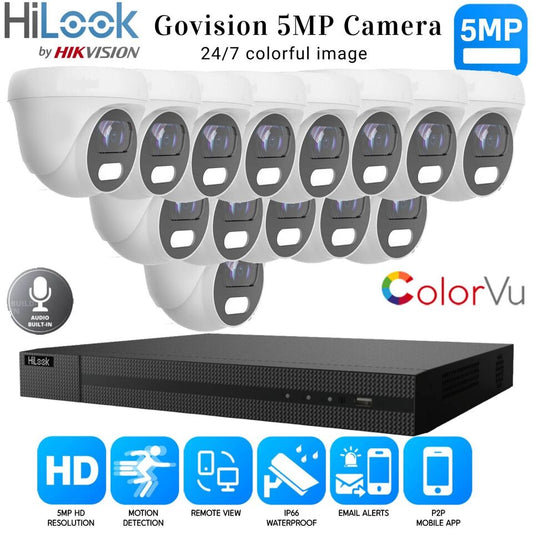 HIKVISION 5MP COLORVU AUDIO MIC CCTV SECURITY OUTDOOR INDOOR CAMERA SYSTEM KIT 16CH DVR 14x Cameras (white) 2TB HDD