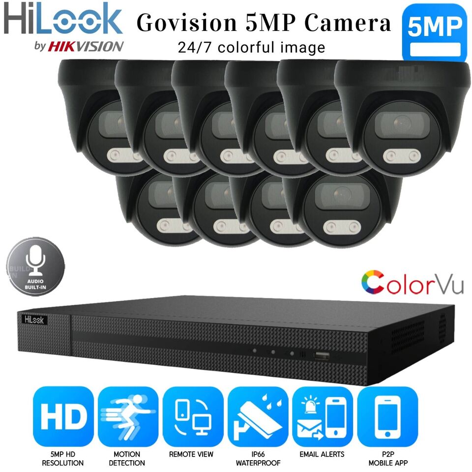 HIKVISION 5MP COLORVU AUDIO MIC CCTV SECURITY OUTDOOR INDOOR CAMERA SYSTEM KIT 16CH DVR 10x Cameras (gray) 6TB HDD