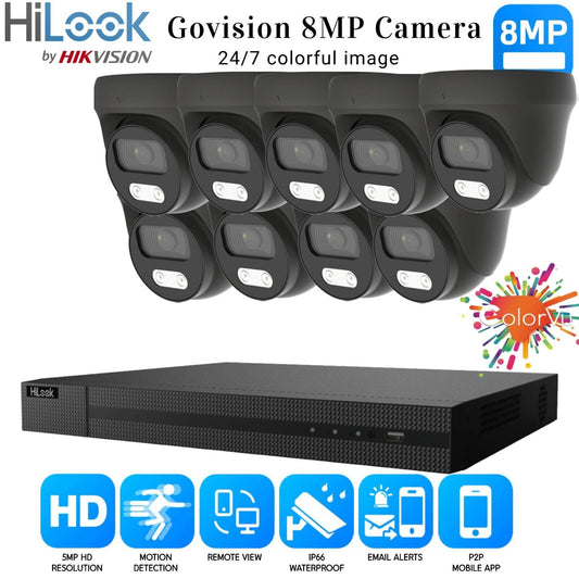 HIKVISION 8MP COLORVU CCTV SYSTEM UHD 8MP DVR 4K 24/7 COLORVu OUTDOOR CAMERA KIT 16CH DVR 9xCameras (gray) 1TB HDD