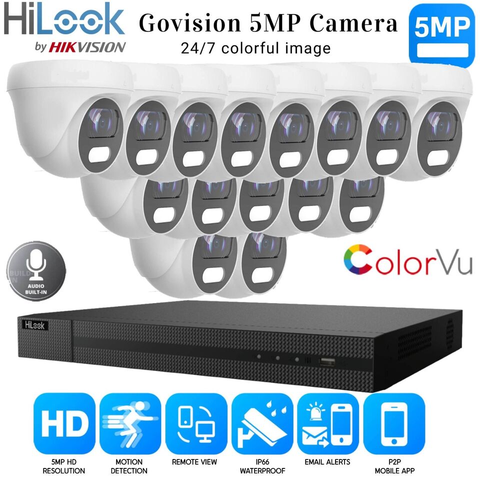 HIKVISION 5MP COLORVU AUDIO MIC CCTV SECURITY OUTDOOR INDOOR CAMERA SYSTEM KIT 16CH DVR 15x Cameras (white) 1TB HDD