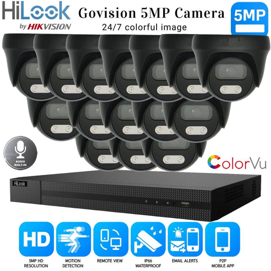 HIKVISION 5MP COLORVU AUDIO MIC CCTV SECURITY OUTDOOR INDOOR CAMERA SYSTEM KIT 16CH DVR 15x Cameras (gray) 1TB HDD