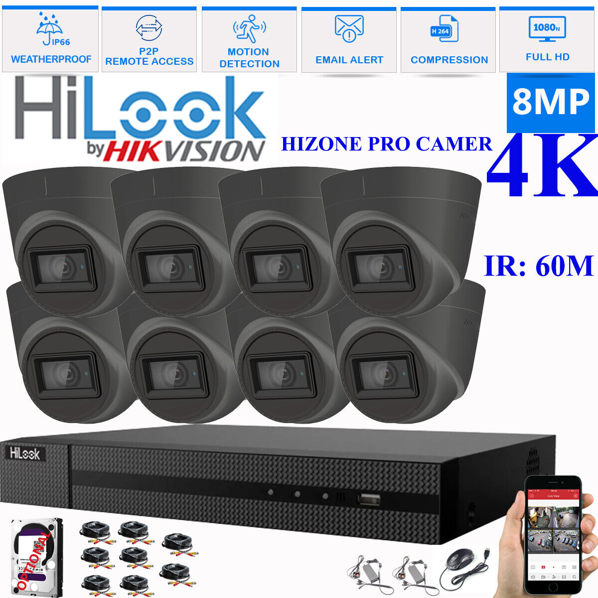 HIKVISION 8MP 4K CCTV HD DVR SYSTEM IN/OUTDOOR IR 60M CAMERA SECURITY KIT 8CH DVR 8xCameras (gray) 1TB HDD