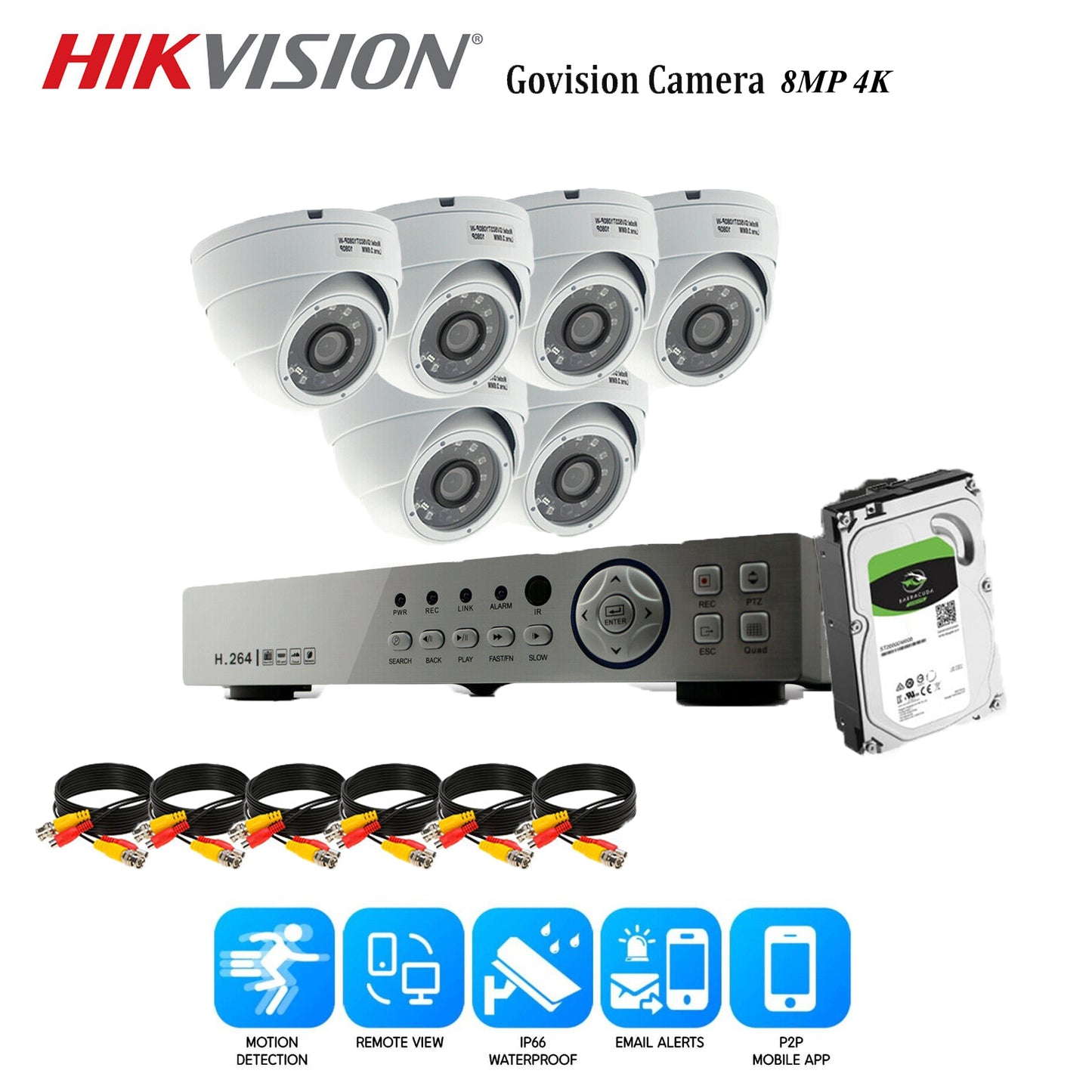 Hikvision 8MP CCTV System 4CH 8CH 4K Ultra HD DVR Dome Camera Home Security Kit Night UK 8CH DVR 6xCameras (white) 2TB HDD