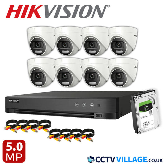 Hikvision 8x Camera System 8 Channel 1080p 1U H.265 AcuSense DVR with 3TB HDD 5MP ColorVu Fixed Turret Camera DS-2CE72HFT-F(3.6mm)