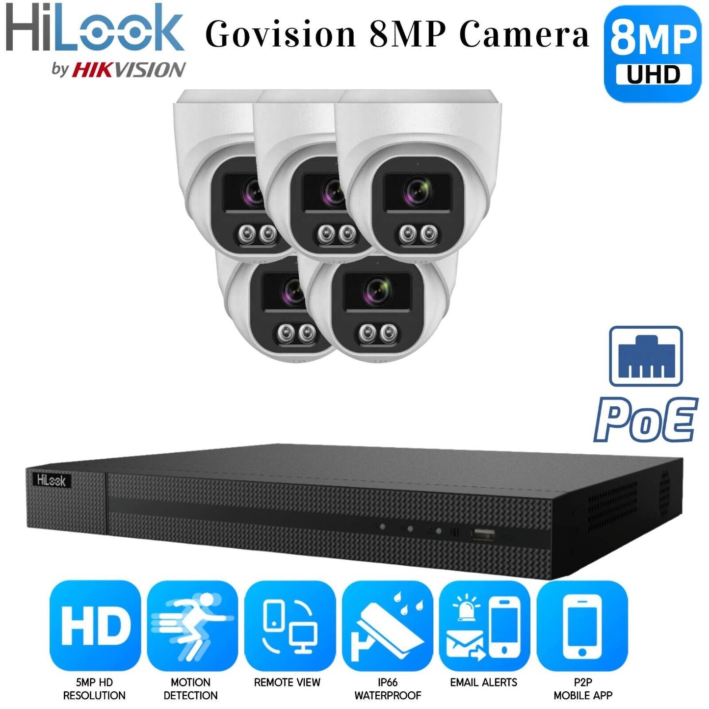 HIKVISION CCTV SYSTEM IP POE 8MP AUDIO MIC CAMERA SMART NIGHTVISION SECURITY KIT 8CH NVR 5x Cameras 1TB HDD