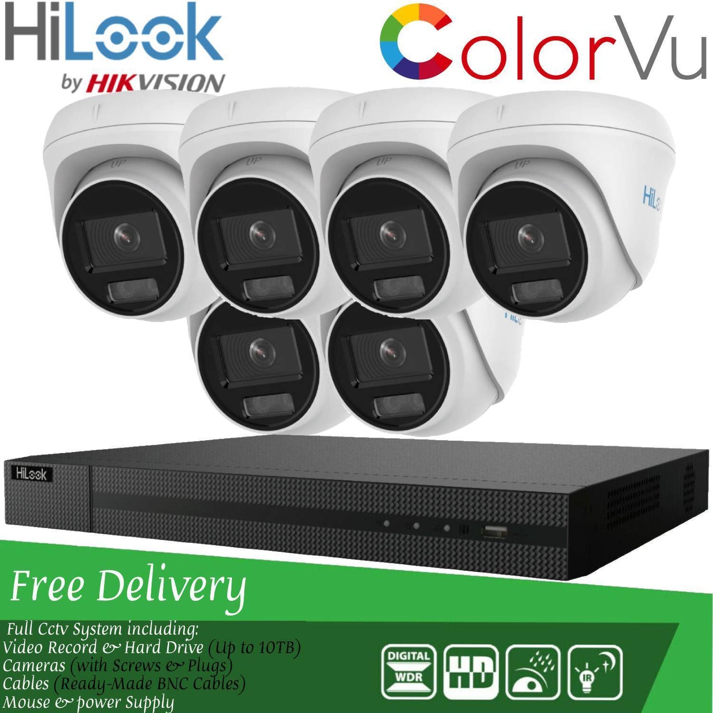 Hilook COLORVU POE CCTV SYSTEM IP UHD 8MP NVR 4K 5MP 24/7 COLORVU CAMERA KIT 8CH NVR 6x Cameras (white) 4TB HDD