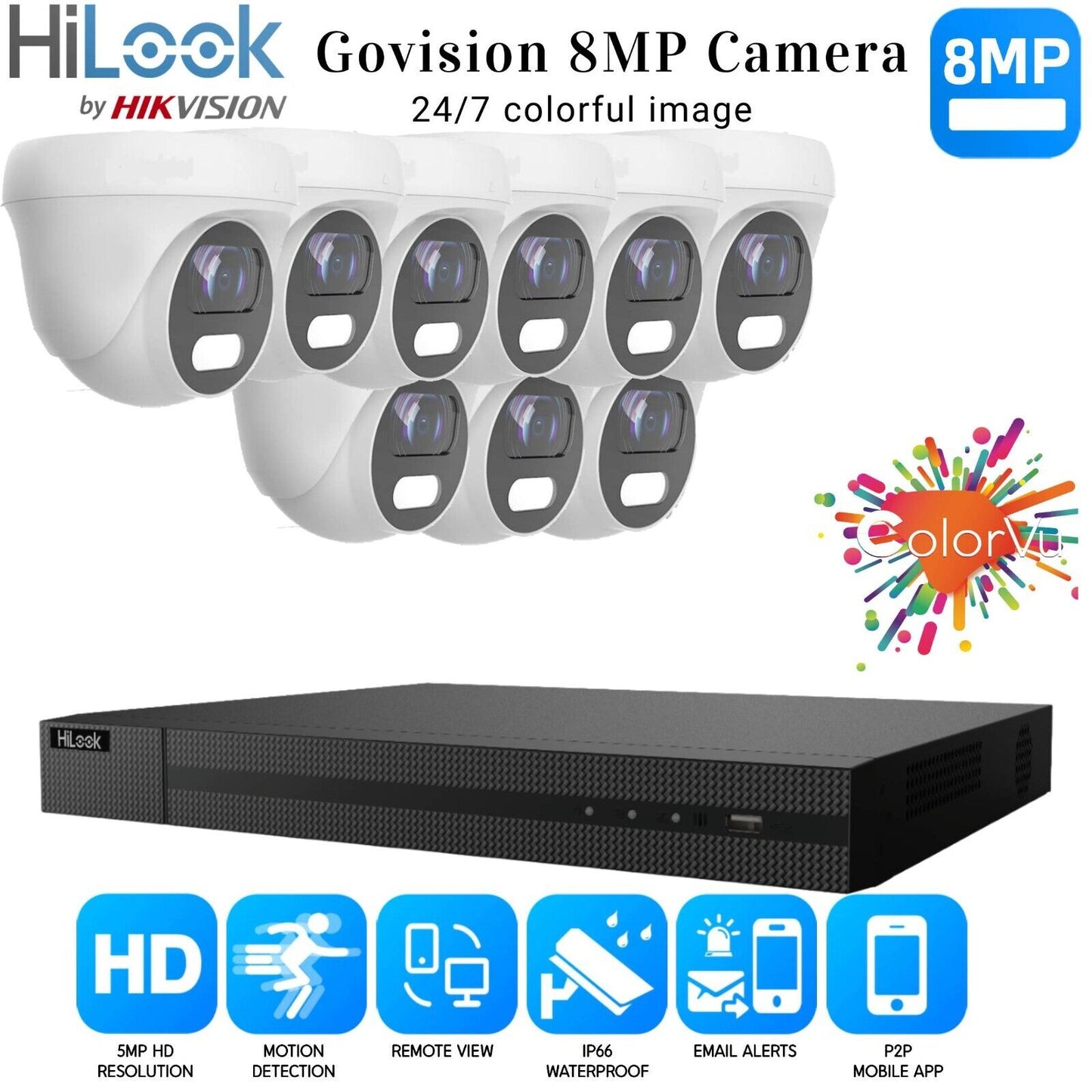 HIKVISION 8MP COLORVU CCTV SYSTEM UHD 8MP DVR 4K 24/7 COLORVu OUTDOOR CAMERA KIT 16CH DVR 9xCameras (white) 2TB HDD