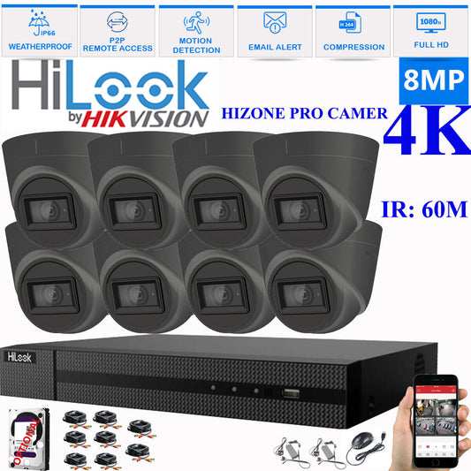 HIKVISION 8MP 4K CCTV HD DVR SYSTEM IN/OUTDOOR IR 60M CAMERA SECURITY KIT 8CH DVR 8xCameras (gray) 2TB HDD