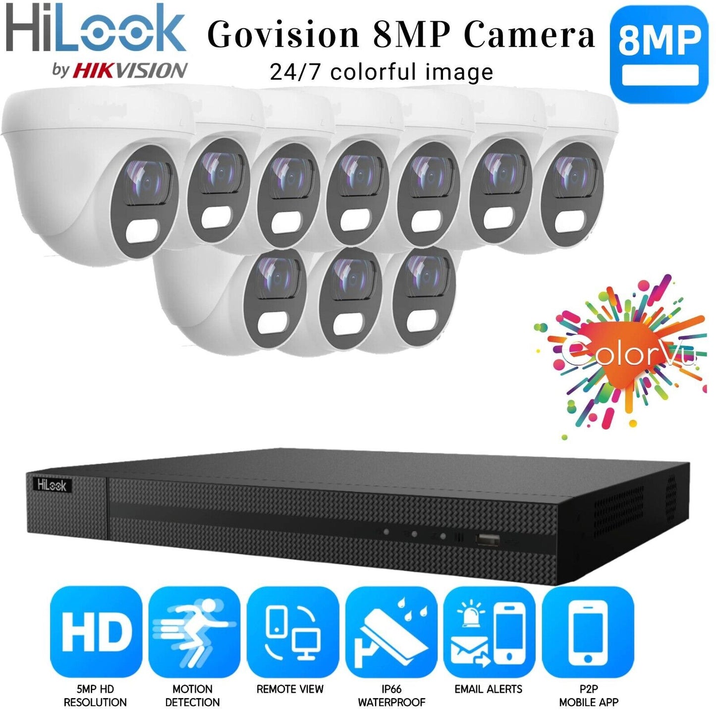 HIKVISION 8MP COLORVU CCTV SYSTEM UHD 8MP DVR 4K 24/7 COLORVu OUTDOOR CAMERA KIT 16CH DVR 10xCameras (white) 1TB HDD