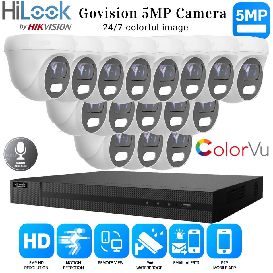 HIKVISION 5MP COLORVU AUDIO MIC CCTV SECURITY OUTDOOR INDOOR CAMERA SYSTEM KIT 16CH DVR 16x Cameras (white) 2TB HDD