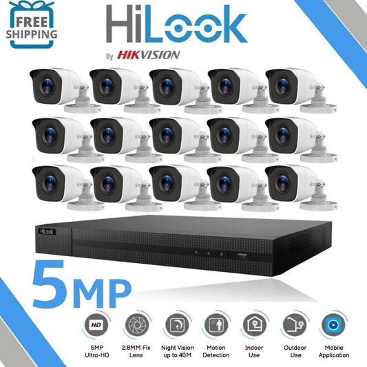 HIKVISION CCTV SYSTEM 5MP CAMERA FULL HD 40M NIGHT VISION OUTDOOR KIT 16CH DVR 15x Cameras (white) 4TB HDD